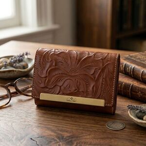 NWOT Patricia Nash Cametti Triflold Wallet Tooled Leather Florence Brown RFID